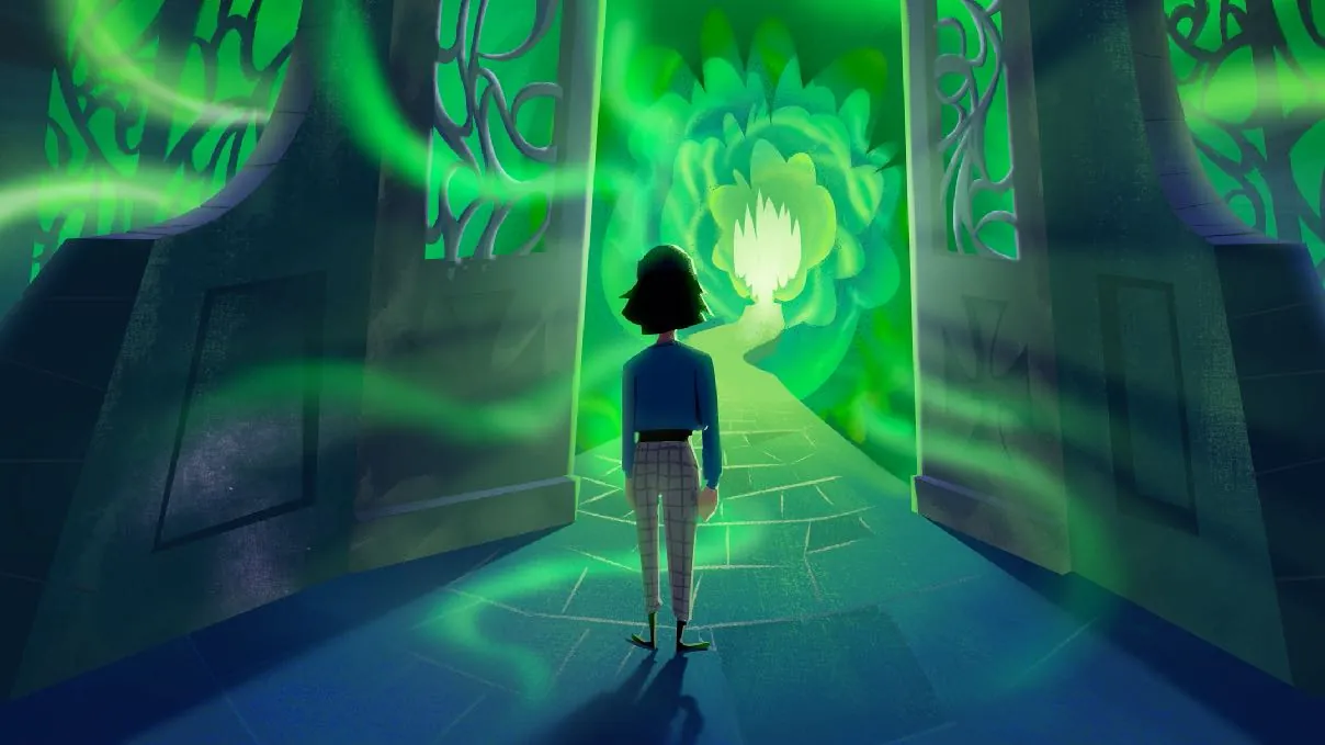 Illustration : une jeune femme de dos devant un portail ouvert sur une brume verte