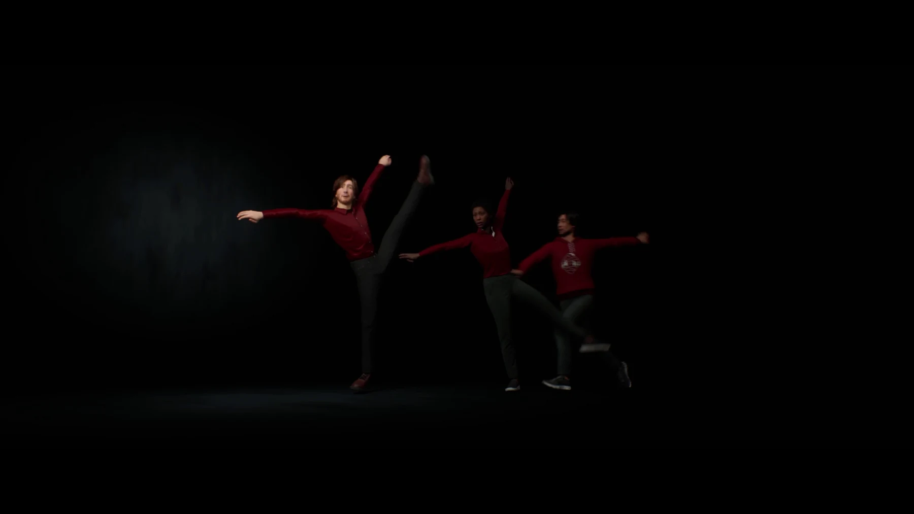 Trois avatars réalistes en chemise rouge qui dansent sur fond noir